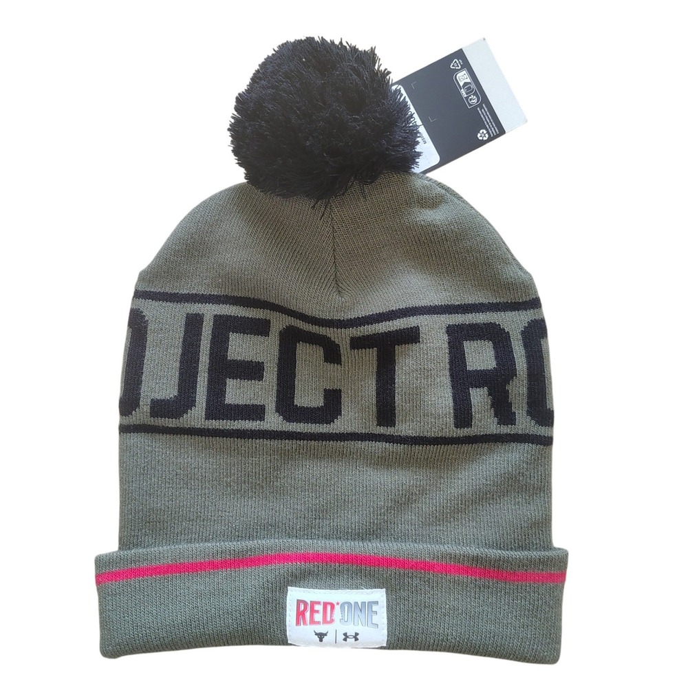 Under Armour Project Rock Red One Beanie Olive Green Pom Hat 1383758 OSFM NWT‎